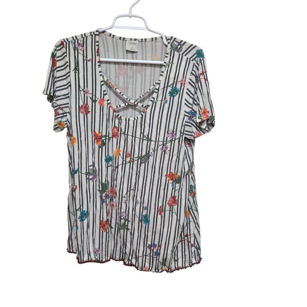 Soma Floral Stripe Cutout Neck Boho Tee Top Medium